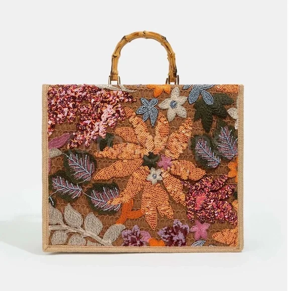 Sequined Floral Decorated Straw Tote Bag Bamboo Handle Embroidered - Picture 10 of 11